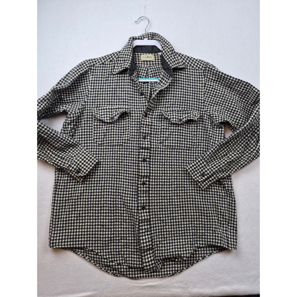 LL Bean Vintage Wool Blend Check Flannel Shirt Mens L Long Black Cream USA Thick